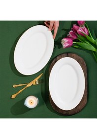 Resim Porsima 4440 Gardenya Porselen Altın Fileli Kayık Tabak Seti - Oval Kahvaltılık Sunumluk Seti 30cm Beyaz 
