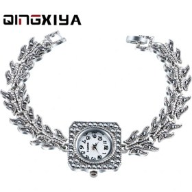 Resim Hanyang Antik Gümüş Antik Gümüş Bilezik Saatler Lüks Kadın Kuvars Izle Moda Kadın Elbise Saatler Bayanlar Için Kristal Saat Relogio Feminino (Yurt Dışından) 