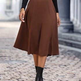 Resim Kadınlar İçin Şık Yüksek Bel Geniş Etek - Düz Renk, Polyester, Metal Zincir Detaylı, Makinede Yıkanabilir - İlkbahar/Yaz/Sonbahar İçin Mükemmel, Şık Tarz, İlkbahar/Yaz/Sonbahar 