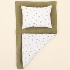 Resim Alt Açma Matı ve Yastık - Çift Taraflı - Açık Yeşil Örgü - Çiçekler 