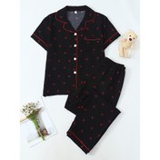 Resim İki parçalı kadın pijama takımı: kısa kollu düğmeli gömlek ve yaka bluz ile uzun pantolon, siyah kiraz desenli, ilkbahar, yaz ve sonbahar için rahat ev kıyafeti 