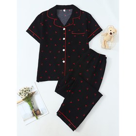 Resim İki parçalı kadın pijama takımı: kısa kollu düğmeli gömlek ve yaka bluz ile uzun pantolon, siyah kiraz desenli, ilkbahar, yaz ve sonbahar için rahat ev kıyafeti 