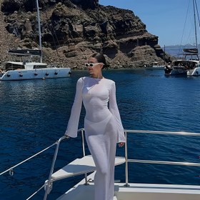 Resim Kadınlar için şık siyah boyunlu şeffaf bodycon elbise, bağcıklı detaylı uzun kollu yuvarlak boyunlu akışkan A-line silueti, plaj tatilleri ve yaz gezileri için mükemmel, plaj elbisesi 