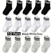 Resim 10 Çift Genç Çorapları - Erkek & Kızlar için Çizgili Orta Boy Çoraplar, Her Mevsim Dayanıklı Polyester, 10 Renk Seçeneği (Siyah/Beyaz/Gri) - Sadece Elde Yıkama, Sevimli Çoraplar, Çocukların Günlük Kıyafeti, Klasik Çorap Tasarımı, Pürüzsüz Dokusu 