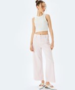 Resim Cep Detaylı Düğmeli Pamuklu Crop Geniş Paça Denim Pantolon - Culotte Jean 