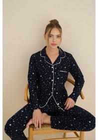 Resim Mutlu City Kadın Soft Kumaş Düğmeli Gömlek Yaka Yüksek Kalite Yılbaşı Pijama Takımı 3026 Siyah Yıldız 