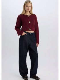 Resim Defacto Relax Fit Bisiklet Yaka Düğmeli Örgü Desenli Triko Hırka E1962AX24WNBR43 Bordo 