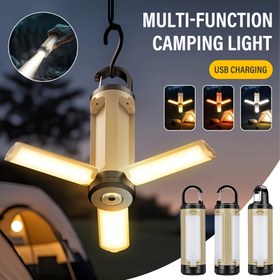 Resim Şarj Edilebilir LED Katlanır Taşınabilir Işık, USB Şarjlı Portatif El Feneri, 360° Üç Bıçaklı Katlama Tasarımı ve Güç Göstergeli, 6 Modlu, Çadır Asma Kancalı, Açık Hava, Yürüyüş, Seyahat ve Acil Durumlar İçin Uygun 