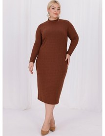 Resim Kadın Kahve Balıkçı Yaka Esnek Burgu Triko Büyük Beden Elbise Kahverengi 