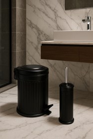 Resim Veliday Vintage 2 Li Çöp Kovası Çöp Kutusu Banyo Seti Çizgili Model Siyah 5 Litre Ve Wc Fırçası Seti 