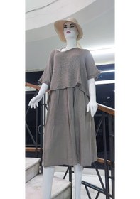 Resim Eren Style İtalyan Müslin Keteni Üstü File Bluzlu Astarlı Tek Parça Elbise Vizon 