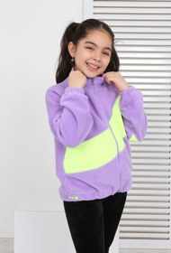 Resim Toontoy Kız Çocuk Dik Yaka Fermuarlı Renk Bloklu Reglan Kol Polar Hırka - Beli Ayarlanabilir Lastikl 