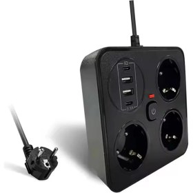 Resim Akım Korumalı Anahtarlı Priz - 3x Priz - 2x USB - 2x Type-C - 2 mt Kablo Hızlı Şarj Özellikli 