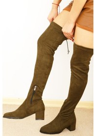 Resim Shoetek Karissa Kadın Çizme Fermuarlı Kalın Topuklu Streçli Yeşil Süet Yeşil Süet 