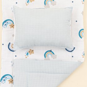 Resim Alt Açma Matı ve Yastık - Çift Taraflı - Bebe Mavisi Muslin - Mavi Gökkuşağı 