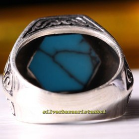 Resim Special Hexagon Turquoise Stone 925 Sterling Silver Mens Ring - US: 9.75 / 62 mm / Turk: 22 