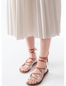 Resim 205-01 Gümüş Bilekten Bağlamalı Ortopedik Hakiki Deri Kadın Sandalet Bej 