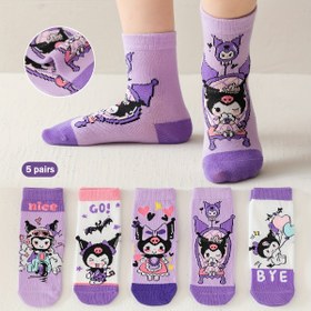 Resim 3-12 Yaş Kızlar İçin 5'li "Kuromi" Baskılı Çorap Seti - Yumuşak ve Rahat, Tüm Mevsimler İçin Uygun Orta Boy Çorap 