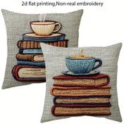 Resim 2 adet Rahat Kitap ve Kahve Atma Yastık Kılıfları, 45.72x45.72 cm, Yumuşak Kısa Peluş, Fermuarlı, Gerçek Nakış Tasarımı, Bej Renkli Yığın Kitaplar ve Fincan Baskısı ile, Oturma Odası, Veranda veya Kanepe Dekorasyonu için Mükemmel - 2 Yastık İçi Dahil, Dekoratif Yastıklar 