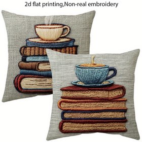 Resim 2 adet Rahat Kitap ve Kahve Atma Yastık Kılıfları, 45.72x45.72 cm, Yumuşak Kısa Peluş, Fermuarlı, Gerçek Nakış Tasarımı, Bej Renkli Yığın Kitaplar ve Fincan Baskısı ile, Oturma Odası, Veranda veya Kanepe Dekorasyonu için Mükemmel - 2 Yastık İçi Dahil, Dekoratif Yastıklar 