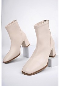 Resim Muggo Storm Garantili Küt Burun Arkadan Fermuarlı Kadın Topuklu Bot Ten 