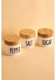 Resim Amara 3'lü Porselen Baharatlık Seti Beyaz Yuvarlak Bambu Kapaklı Kavanoz Beyaz Beyaz 