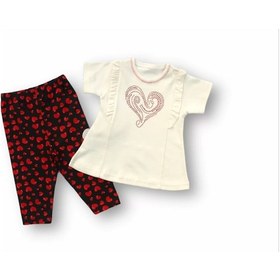 Resim 3-6 6-9 9-12 12-18 Ay Kalp Baskılı Uzun Kollu Sweatli 2li Kız Bebek Takımı Ekru Ekru 