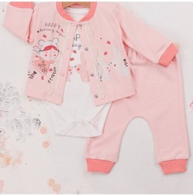 Resim 3-9 Ay Kız Bebek Takımı Happy Dancing 3'lü Hırkalı Nar Çiçeği Nar Çiçeği 