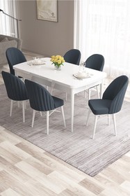 Resim Canisa Ves Serisi 80x132 Mdf Beyaz Mutfak Masa Takımı 6 Siyah Sandalye 