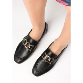 Resim Mio Gusto Dakota Deri Siyah Renk Zincir Aksesuarlı Küt Burunlu Kadın Loafer Ayakkabı 