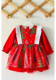 Resim Yeniyıl Çam Ağaç Desenli Kırmızı Kız Çocuk Bebek Noel Elbise 001 