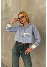 Resim Mavi-beyaz Manşet Ve Cepleri Garnili Çizgili Oversize Crop Dokuma Gömlek Bc231036 Çok Renkli 