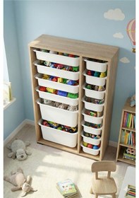 Resim 14 Çekmeceli Çok Amaçlı Oyuncak Dolabı ve Saklama Ünitesi Çocuk Odası Düzenleyici Etiket Hediyeli Safir Meşe 