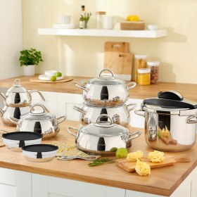 Resim Emsan Everest Forever 17 Parça Çeyiz Seti Çelik Kaplama Gümüş Renk Düdüklü Tencere ve Derin Tencereler 