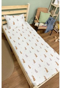 Resim Organik Tek Kişilik Lastikli Çarşaf Seti - Neşeli Tavşan Notaları Renkli 