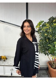 Resim Kadın Beyaz Zebra Desenli Cepli Oversize Gömlek , Tunik Siyah 