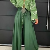 Resim Zeytin Yeşili Geniş Paça Pantolon - Kemerli Bel Yapılı Pantolon Büyük Eteklerle, Zeytin Yeşili Düz Renk Her Mevsim Resmi & Günlük Pantolon, Makinede Yıkanabilir Esnemez, Ofis, Günlük Kıyafet İçin 