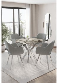 Resim Mutfak Masası Takımı Yemek Masası Takımı 4 Kişilik Yuvarlak Wega Takım 4 Kişilik Beyaz Mermer Gümüş 