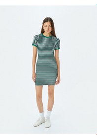 Resim Koton Bisiklet Yaka Kısa Kollu Fitilli Mini Bodycon Elbise Yeşil Çizgili 5sal80042ık Yeşil Çizgili Yeşil 