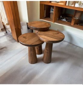 Resim Wood Wooden 3 Lü Set Fitilli Mantar Yan Sehpa Modern Tik Ağacı Renk Fiskos Tik Ağacı 