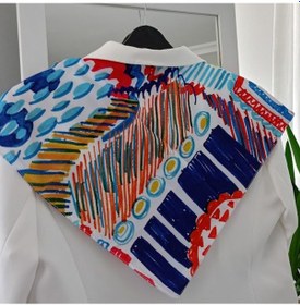 Resim Lente Aksesuar Kadın Çok Renkli Sanatsal Çizgili Premium Kalite İpek Saten Fular 55x55cm Turuncu - Mavi 