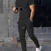 Resim Erkek Nefes Alabilir Çekmece Kapüşonlu Kısa Kollu Sweatshirt, Düz Renkli Rahat Set, Waffle Knit Düğmeli Üst, Dış Mekan Kısa Kollu Bel Bandı Pantolon Rahat Düz Renkli Set, Normal Versiyon 