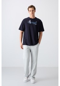 Resim Tommy Life Lacivert Pamuklu Kalın Yumuşak Dokulu Oversize Fit Baskılı Erkek T-shirt - 88344 Lacivert 