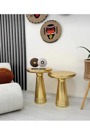 Resim AYLESA Doğal Ahşap 2’li Set Altın Renk Jelatin Mantar Yan Sehpa Modern Fiskos Zigon Çiçeklik 