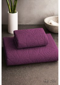 Resim Banyo & Yüz Havlusu Seti Dokulu %100 Pamuk 90x150 + 50x90 Cm Foliva Mor 