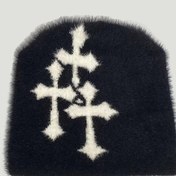 Resim Y2K Hip-Hop Peluş Bere - Beyaz Haç Desenli, Kadın ve Erkekler için Yumuşak Hafif Kışlık Şapka, Esnek Unisex Kafatası Kapaklı Dış Aktivite ve Cadılar Bayramı Kostümleri İçin 