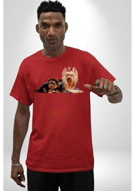 Resim Yorkshire Teacup Ve Anne Köpek Pamuklu Bisiklet Yaka Unisex Oversize Boyfriend Dijital Baskılı Kırmızı T-shirt Kırmızı 