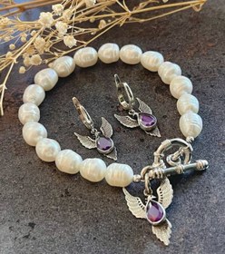 Resim Doğaltaş Gümüş Anka Ametist İnci Küpe Bileklik Set 