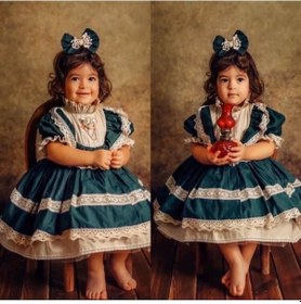Resim H L Y Karol Tasarım Yeşil Krem Vintage Kız Bebek Elbisesi, Özel Dikim Kız Çocuk Elbisesi, Doğum Günü Elbisesi, Fotoğraf Yeşil 