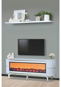 Resim Dekoratif Şömineli TV Sehpası Uygulamalı 7 Renk Hoparlörlü Beyaz Altın Detaylı 160x67x40 CM 